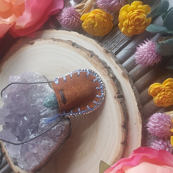 Leather Mini Mojo Bag Necklace by Rust Belt Raised Moss Agate Necklace - Picture 3 of 16